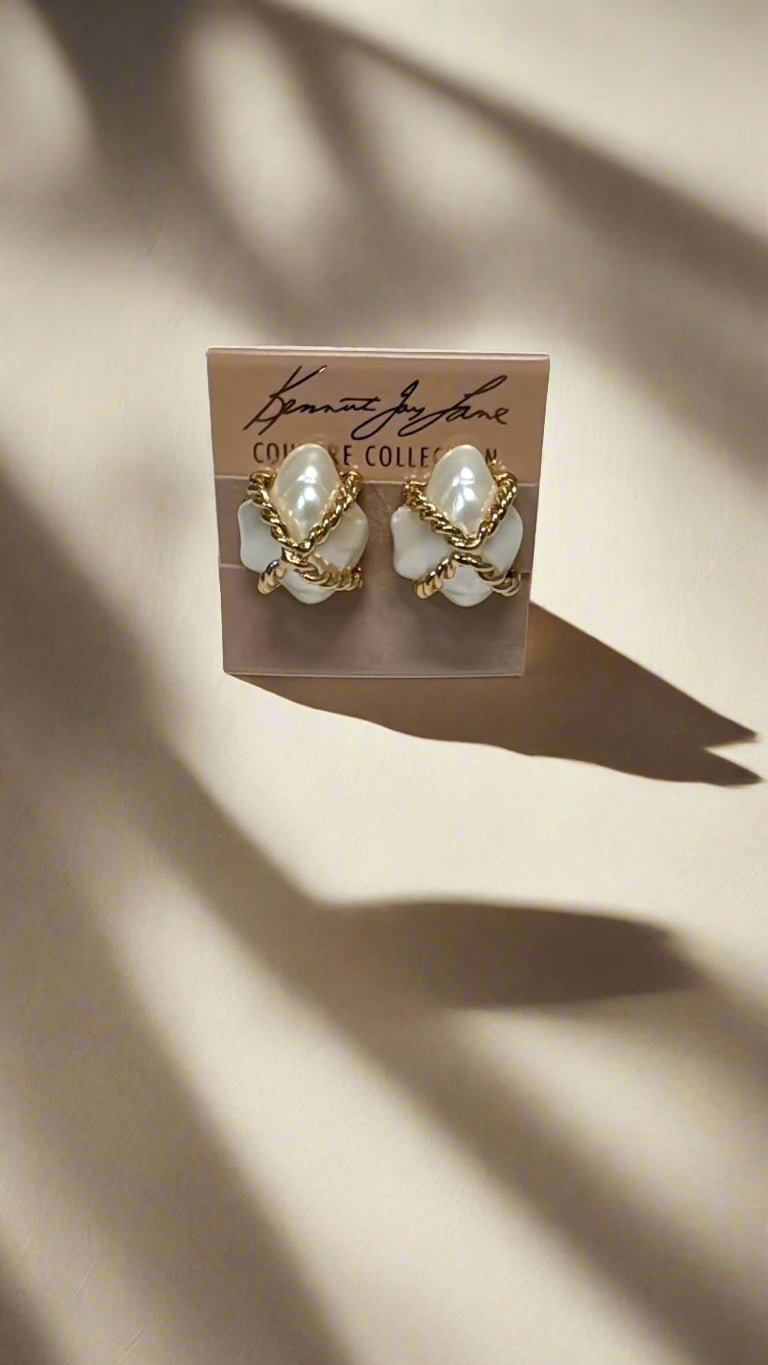 Kenneth Jay Lane Cultura Pearl with Gold "X" Nugget Clip Earring