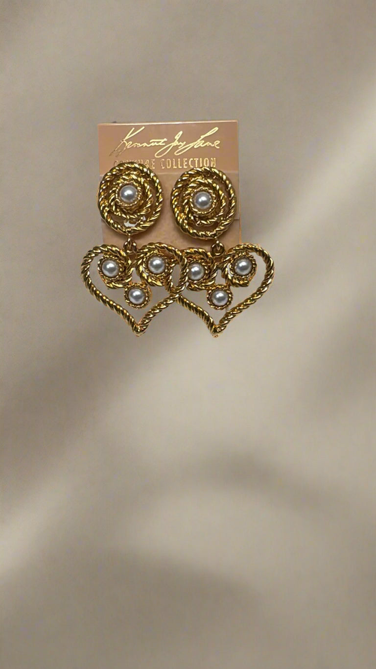 Kenneth Jay Lane Satin Gold Heart Drop White Pearl Clip Earring