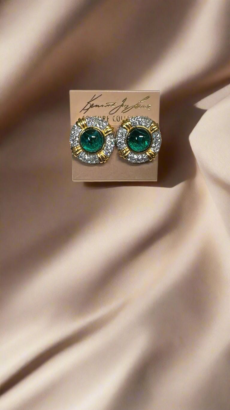 Kenneth Jay Lane Emerald Center Button Clip-On Earrings