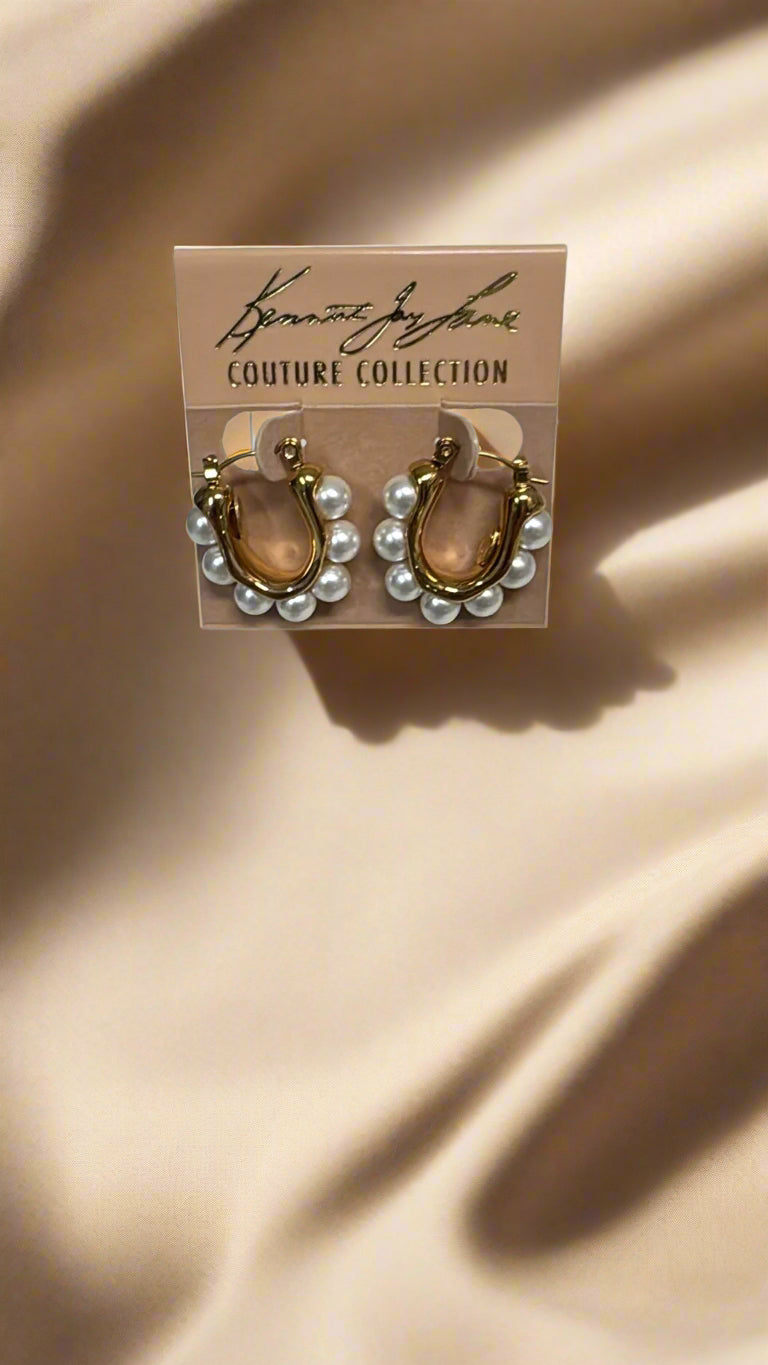 Kenneth Jay Lane Gold Post Hoop Earrings with 6mm White Pearls