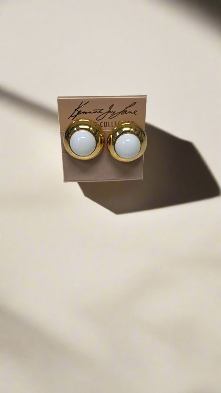 Kenneth Jay Lane Gold Round Button Clip Earring with White Cabochon Center