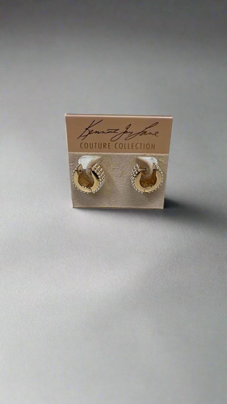 Kenneth Jay Lane Gold & Pearl Pave' Huggie Hoop Pierced Earrings