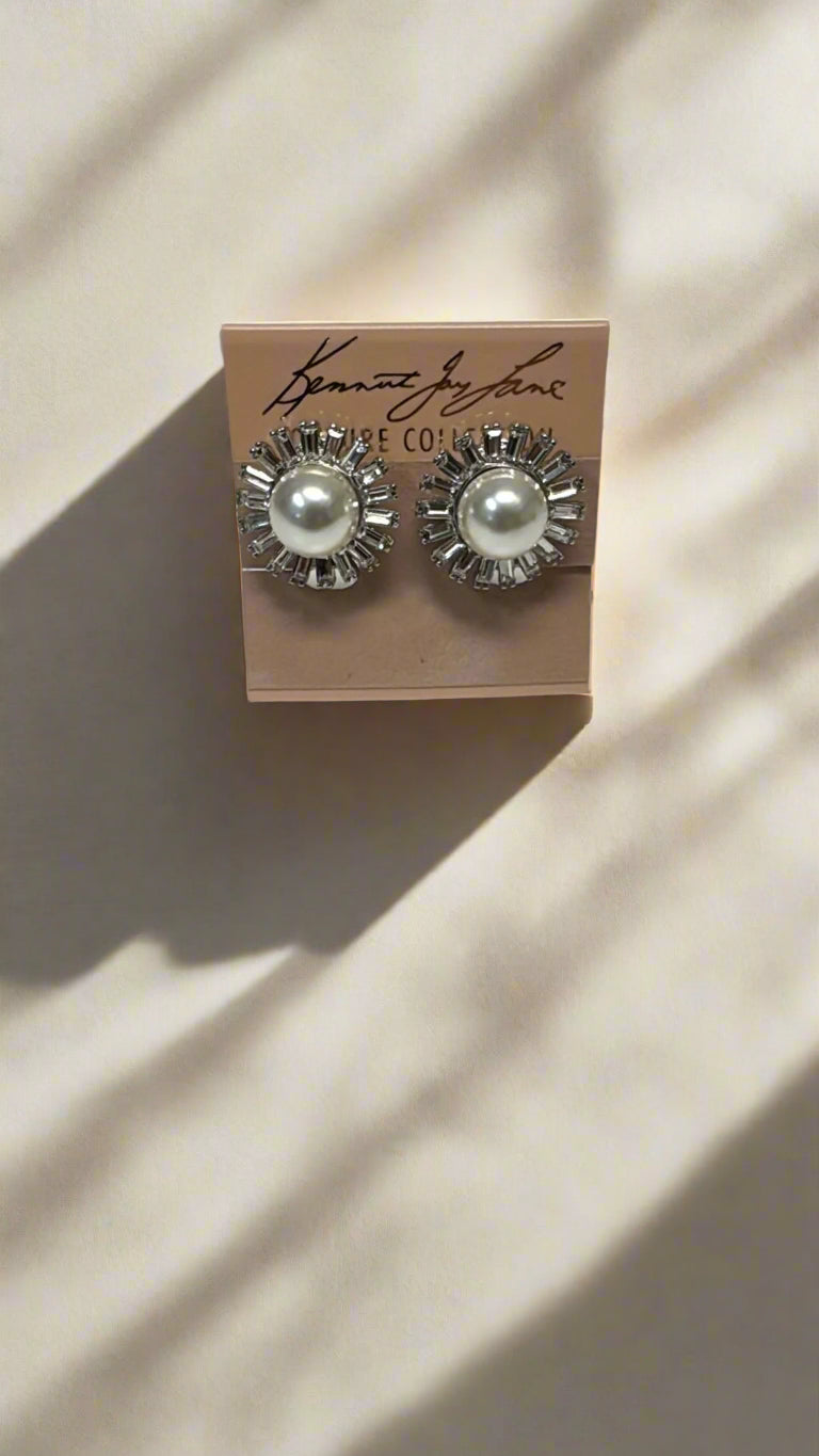 Kenneth Jay Lane Silver & Crystal Sunburst Earrings with Pearl Center
