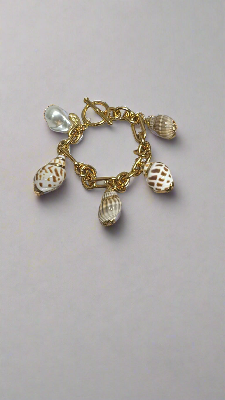 Kenneth Jay Lane Gold Link with Multi Shell Charms Toggle Bracelet - Mildred Hoit