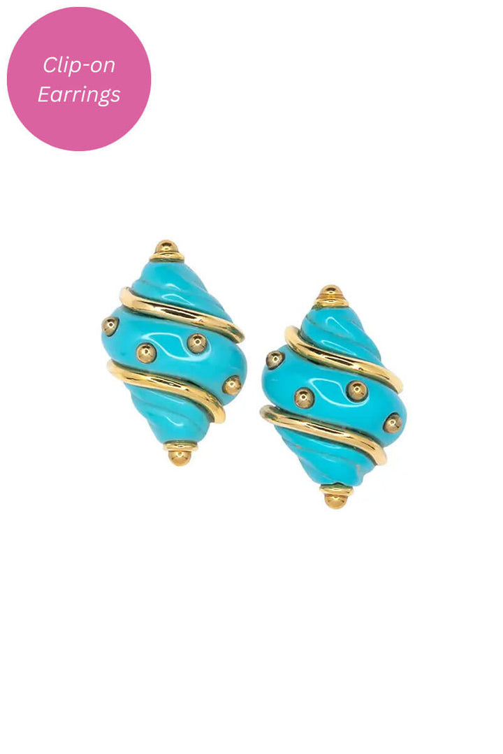 Kenneth Jay Lane Turquoise Shell with Gold Dots Clip Earrings - Mildred Hoit