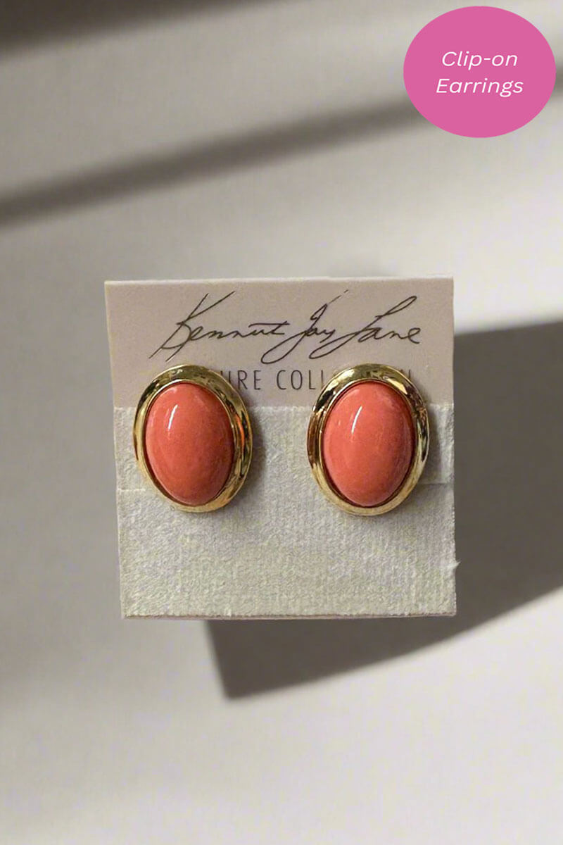 Kenneth Jay Lane Coral and Gold Oval Earring - Mildred Hoit