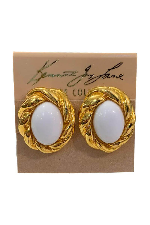Kenneth Jay Lane Twisted Gold with White Center Earring