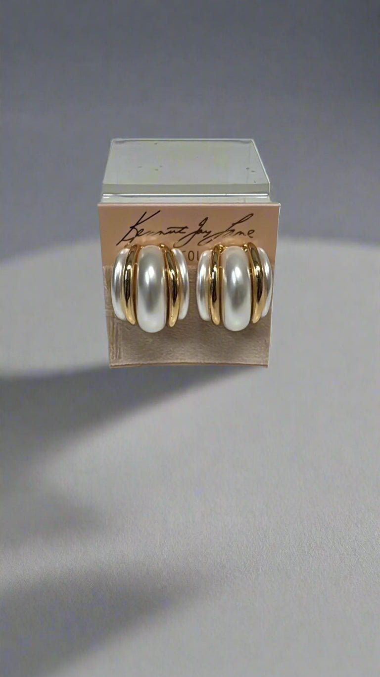 Gold Double Ribbed Pearl Domed Hoop Clip Earring - Mildred Hoit