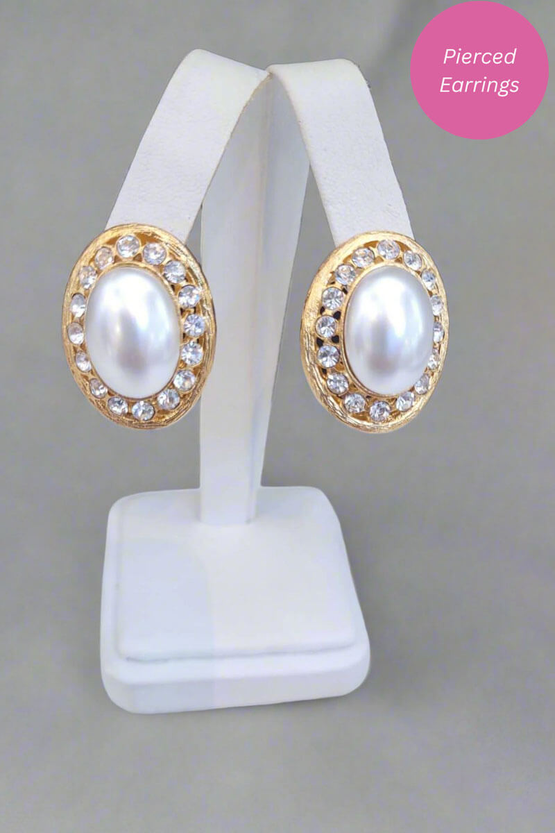 Kenneth Jay Lane Oval Gold, Crystal and Pearl Earrings - Mildred Hoit