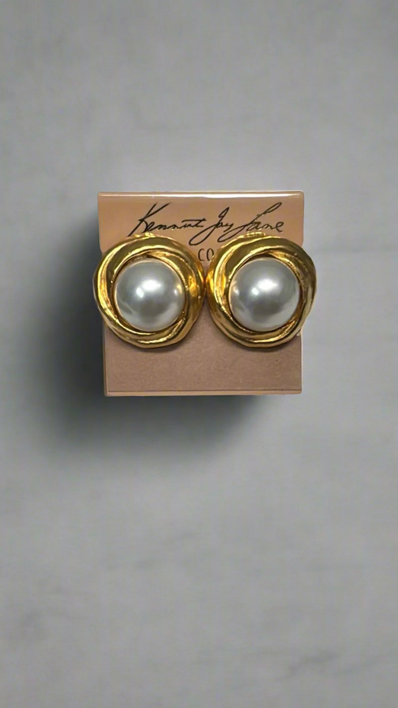 Kenneth Jay Lane Gold & Pearl Love-Knot Button Clip Earrings