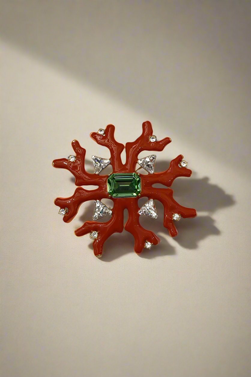 Kenneth Jay Lane Dark Coral and Peridot Center Pin - Mildred Hoit