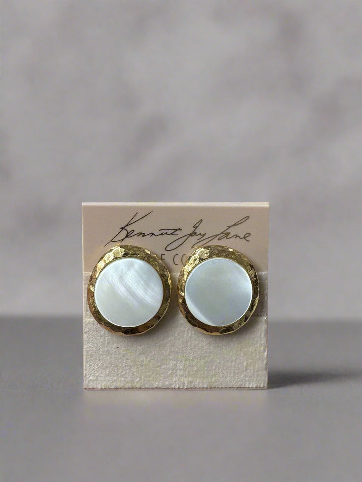 Kenneth Jay Lane Satin Gold and Mother of Pearl Button Earrings - Mildred Hoit