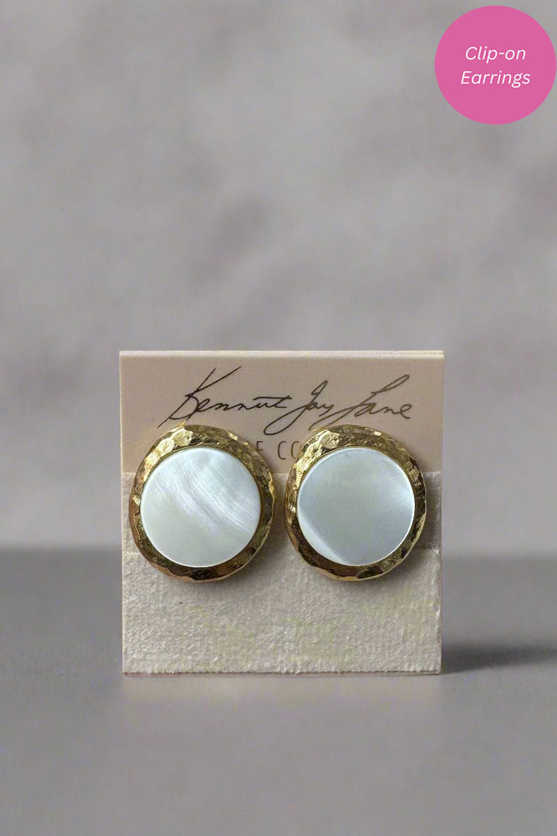 Kenneth Jay Lane Satin Gold and Mother of Pearl Button Earrings - Mildred Hoit