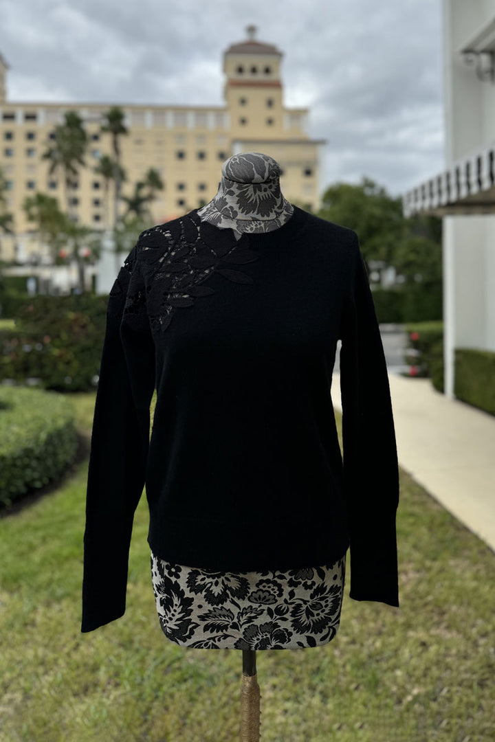 Kinross Lace Applique Crew Sweater in Black - Mildred Hoit