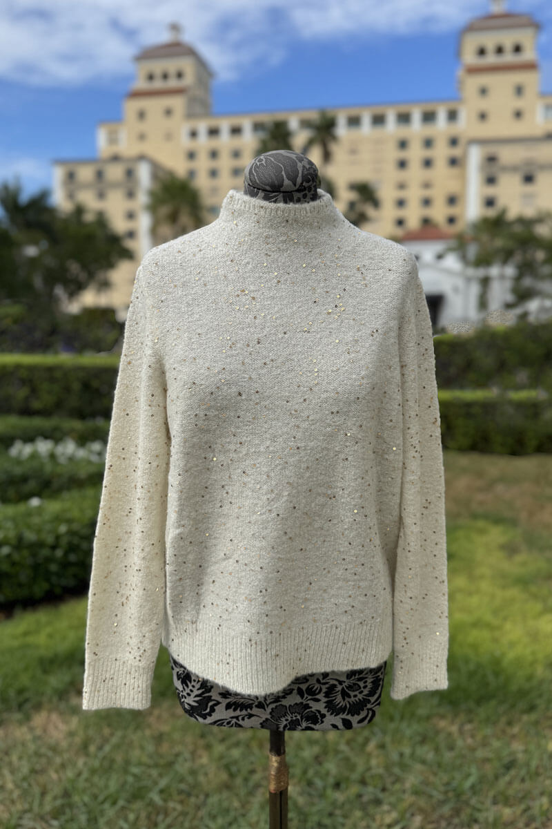 Kinross Sequin Funnel Sweater in Ivory - Mildred Hoit