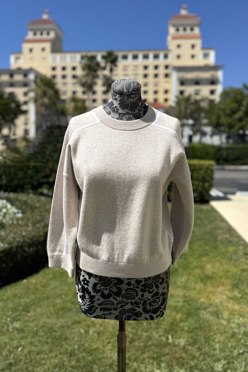 Kinross Contrast Stitch Crew Sweater in Wicker and White - Mildred Hoit