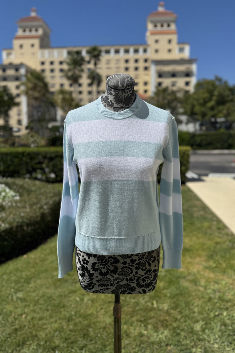 Kinross Crop Stripe Crew in Opal and White - Mildred Hoit