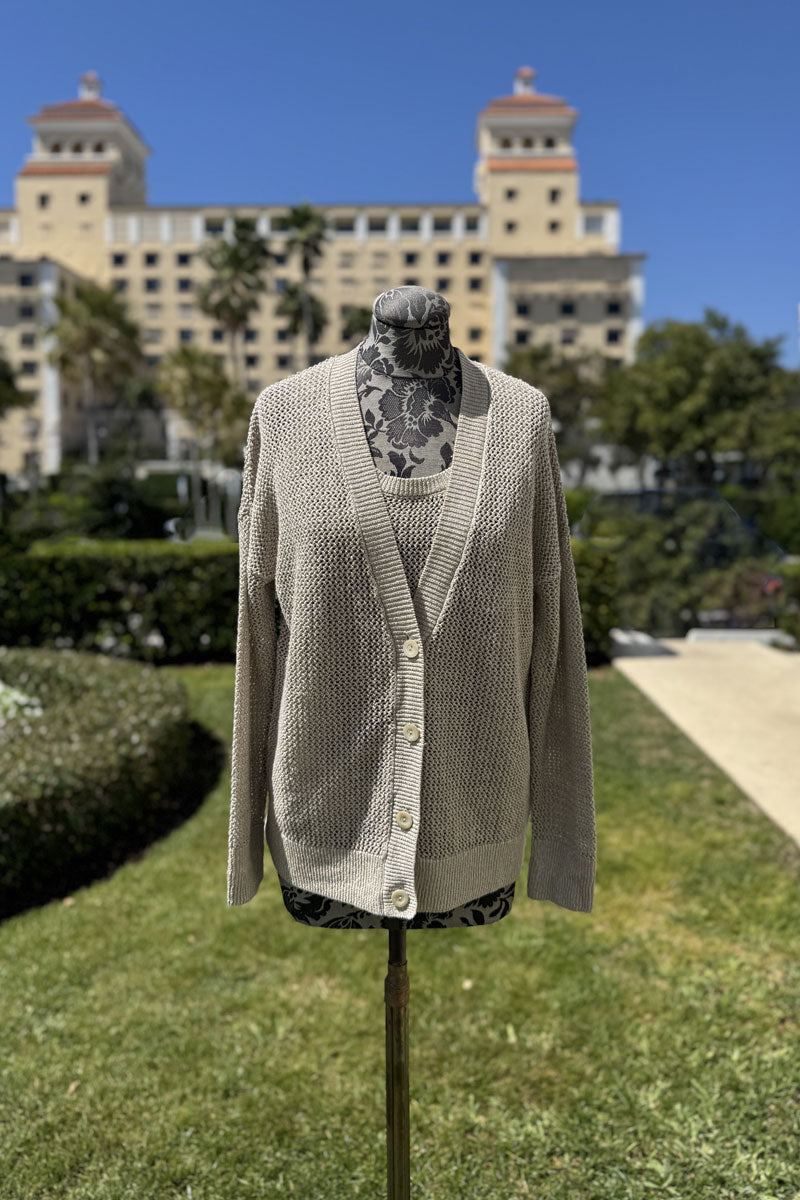 Kinross Lurex Mesh Cardigan and Tank Set in Sandstone - Mildred Hoit