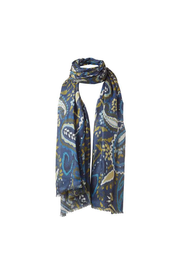 Kinross Painted Paisley Print Scarf in Sapphire Multi - Mildred Hoit