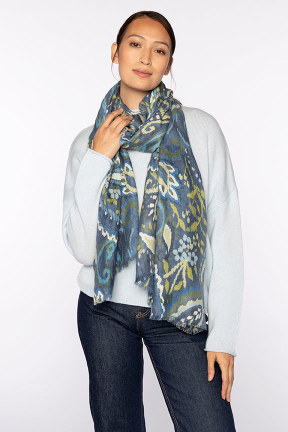 Kinross Painted Paisley Print Scarf in Sapphire Multi - Mildred Hoit