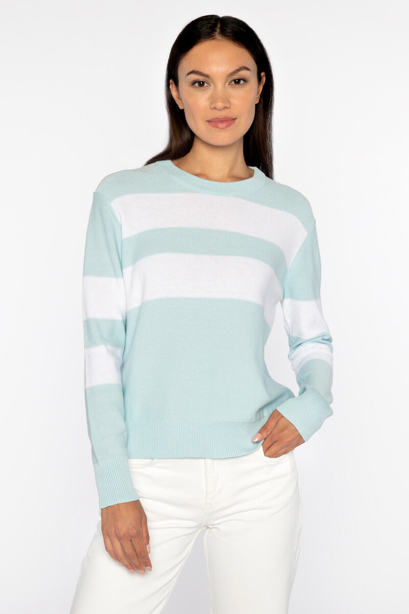 Kinross Crop Stripe Crew in Opal and White - Mildred Hoit