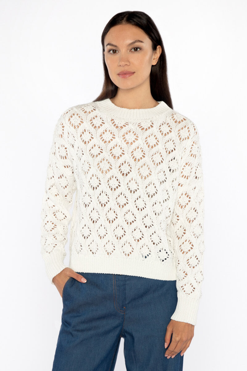 Kinross Openwork Crew in White - Mildred Hoit