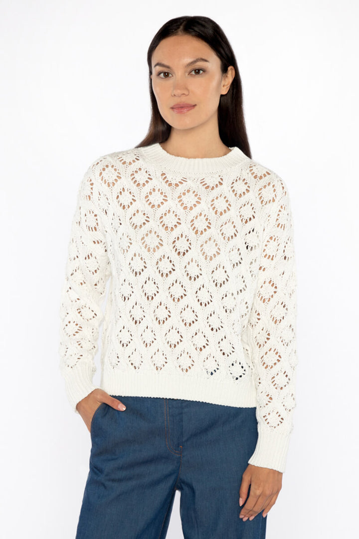 Kinross Openwork Crew in White - Mildred Hoit
