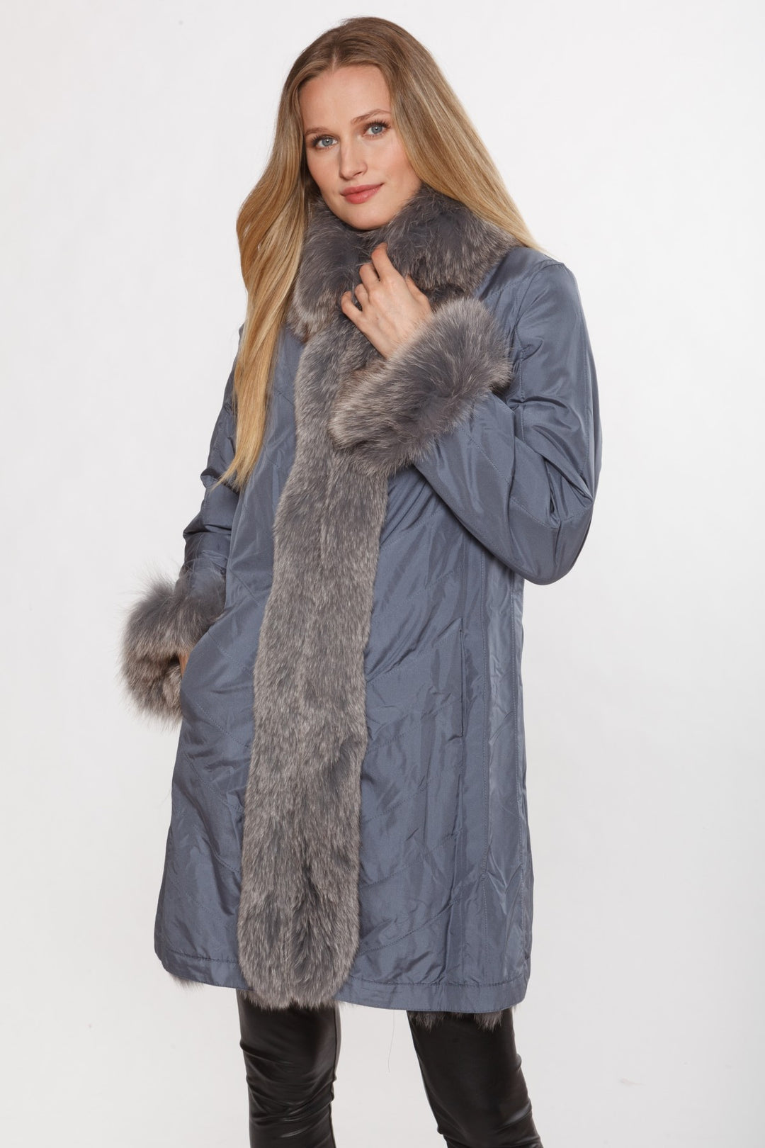 Genuine Chevron Fox Fur Reversible Coat With Travel Bag in in Slate Blue - Mildred Hoit