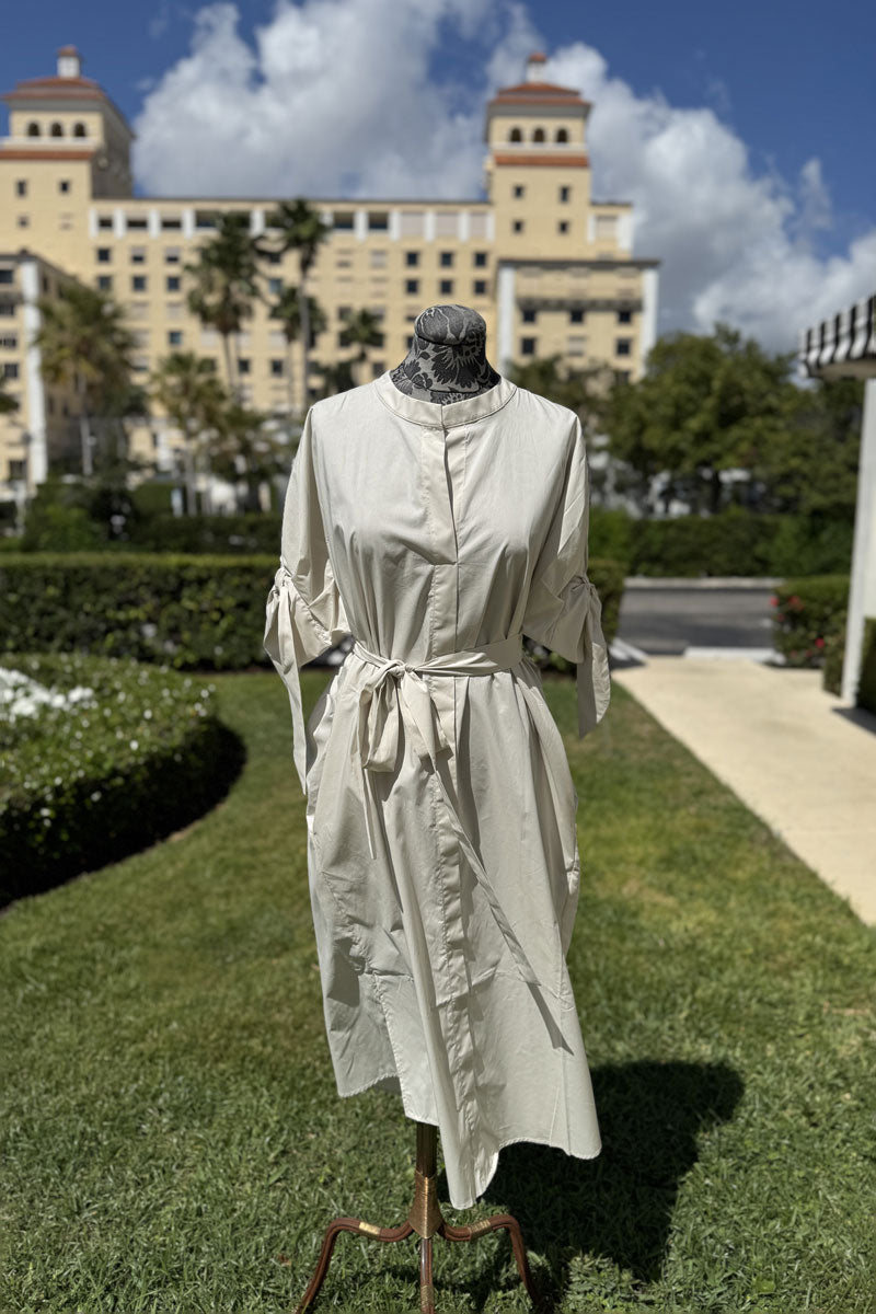 Italian Cotton Dress with a Tie Front and Sleeve Detail in Light Beige - Mildred Hoit