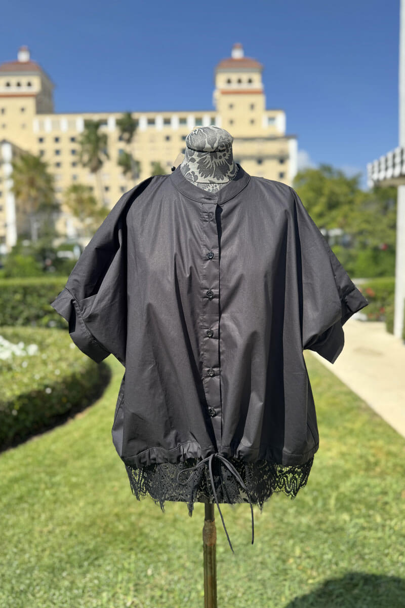 Italian Cotton Shirt with Lace Trim Detail in Black - Mildred Hoit