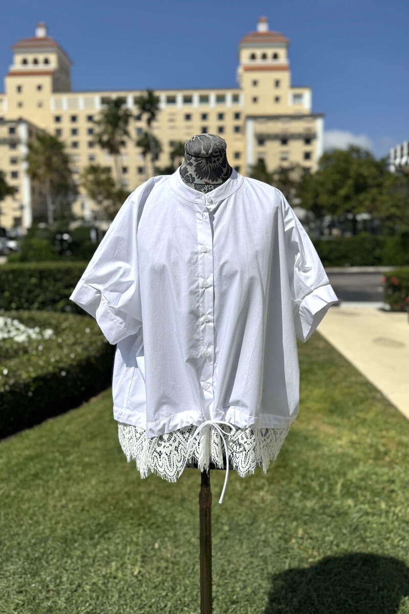 Italian Cotton Shirt with Lace Trim Detail in White - Mildred Hoit