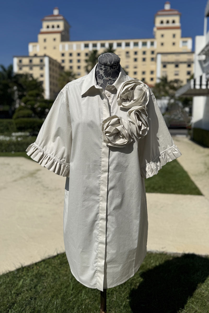 Italian Cotton Dress with Floral Detail in Beige - Mildred Hoit
