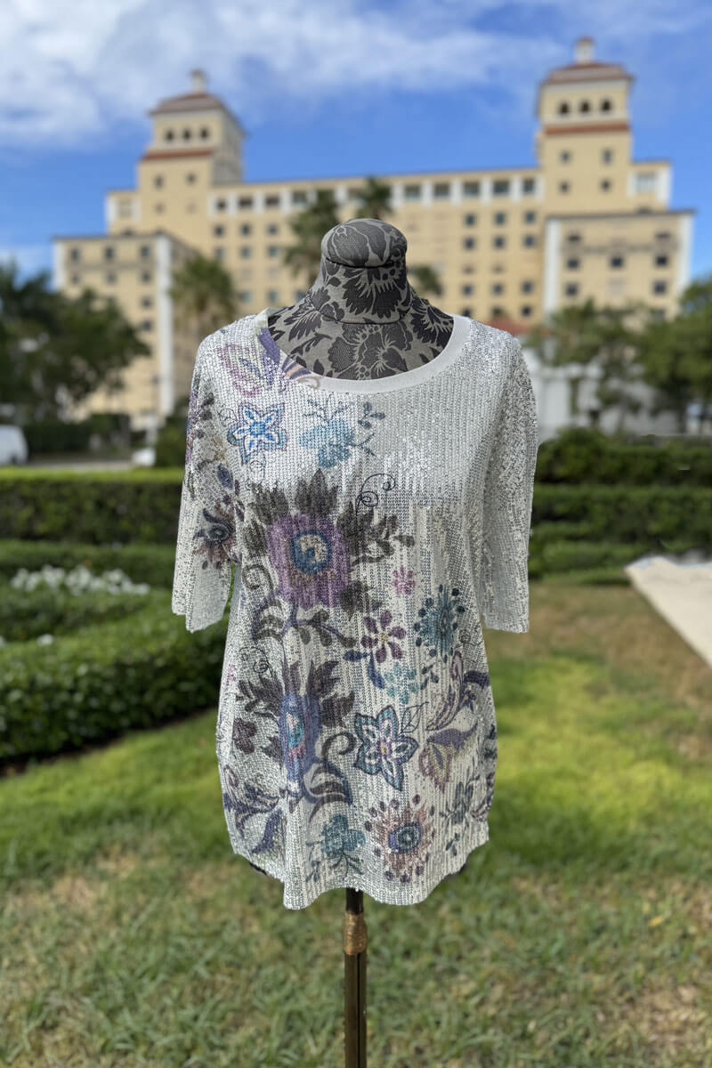 Sequined Silver Embroidered Flower Blouse - Mildred Hoit