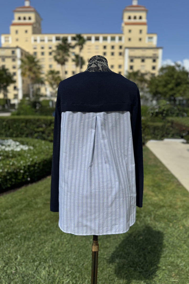 Navy Pullover Knit Top with Shirting Detail - Mildred Hoit