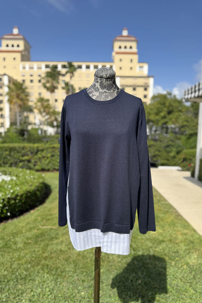 Navy Pullover Knit Top with Shirting Detail - Mildred Hoit