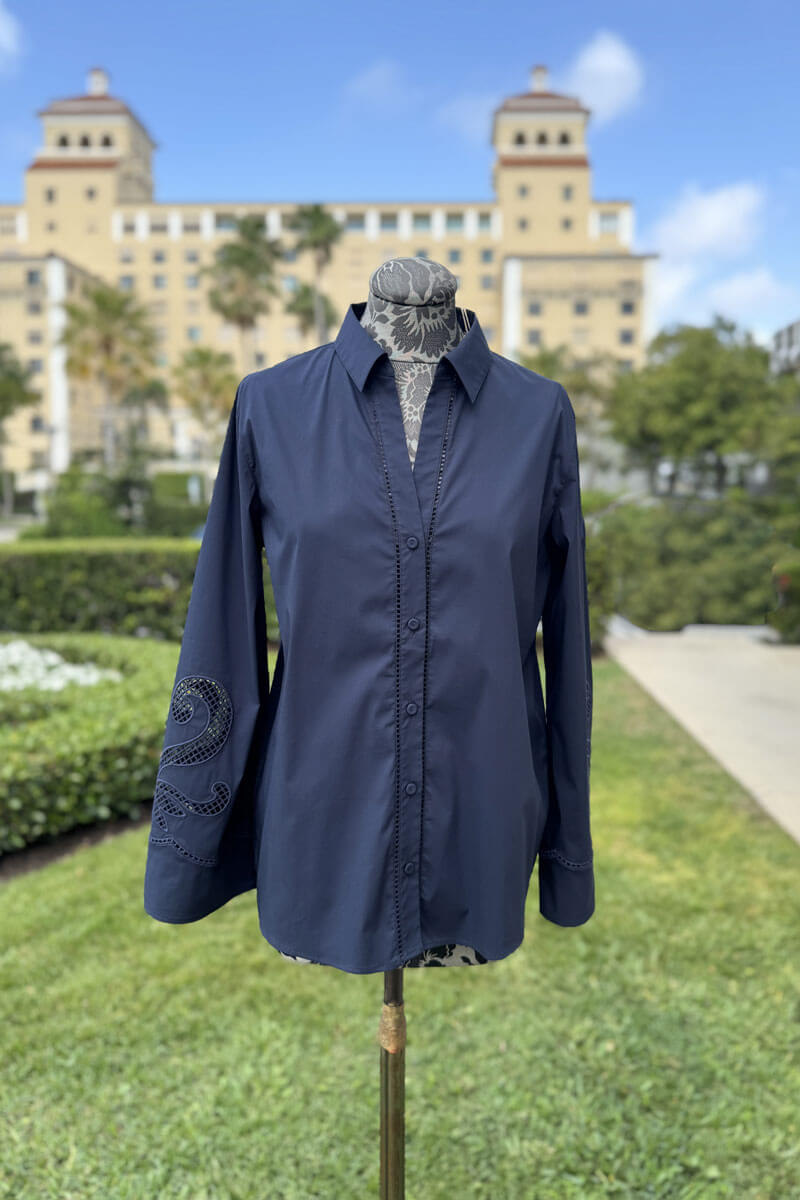 Navy Cotton Button Down with Eyelet Sleeve Detail - Mildred Hoit