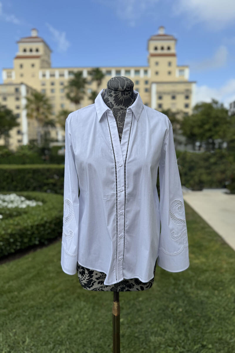 White Cotton Button Down with Eyelet Sleeve Detail - Mildred Hoit