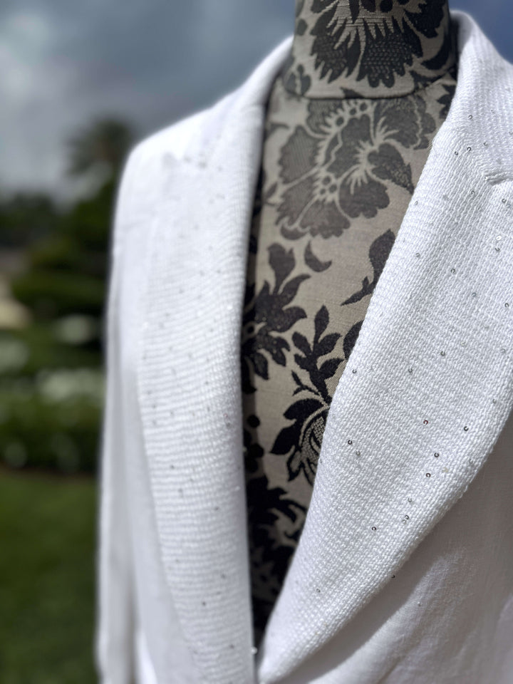 Italian Blazer with Sequin Lapel Detail in White - Mildred Hoit