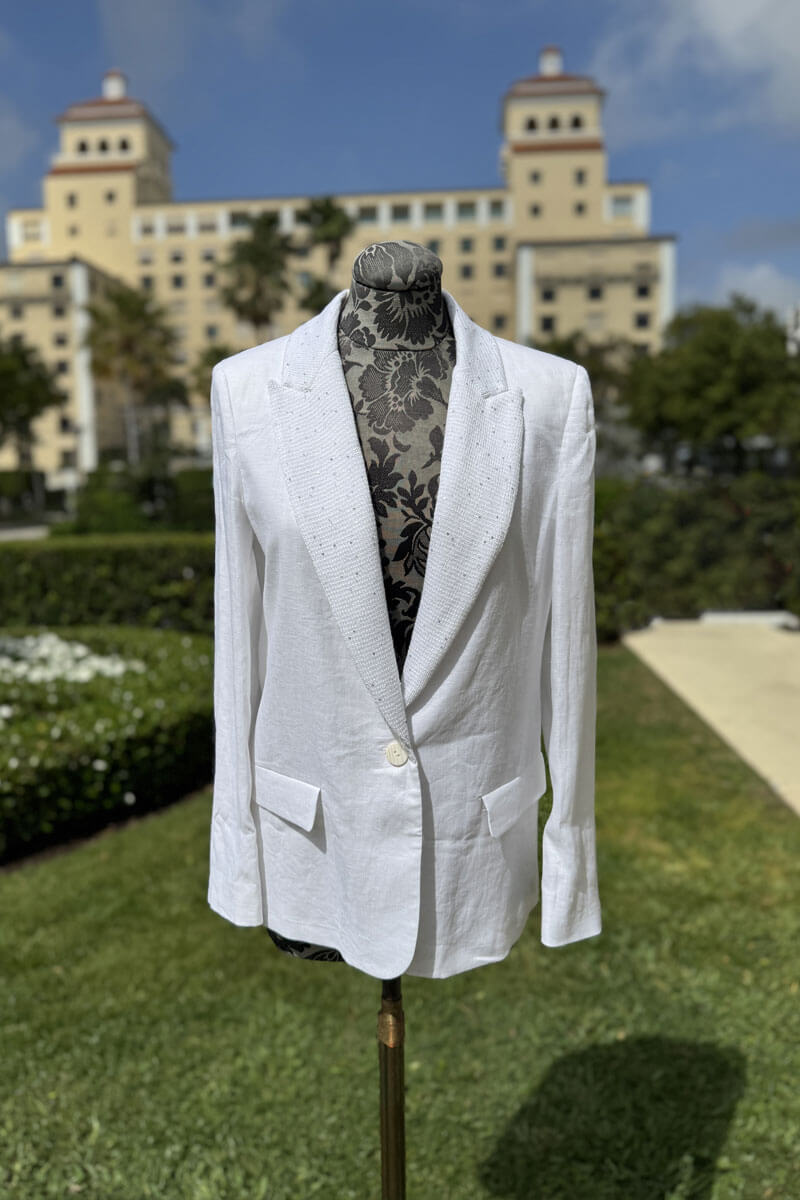 Italian Blazer with Sequin Lapel Detail in White - Mildred Hoit