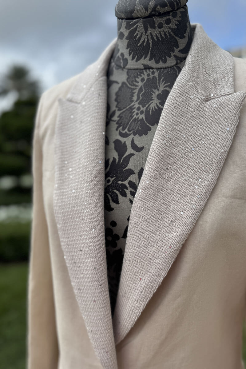 Italian Blazer with Sequin Lapel Detail in Tan - Mildred Hoit