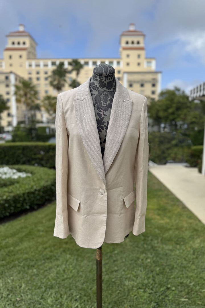Italian Blazer with Sequin Lapel Detail in Tan - Mildred Hoit
