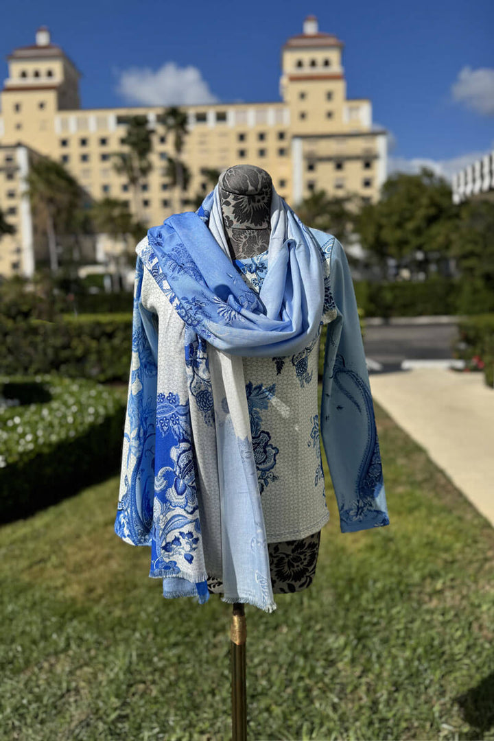 Pashma Blue and White Paisley Sweater and Scarf Set available at Mildred Hoit.