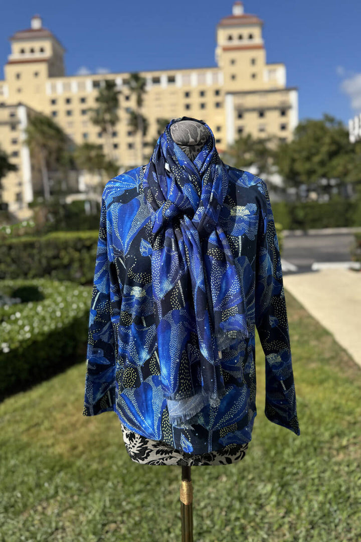 Pashma Blue and Black Ginko Leaf Sweater and Scarf Set with Scarf available at Mildred Hoit in Palm Beach.