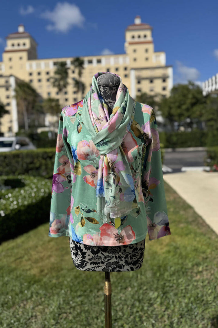 Pashma Peonies and Gardenias Sweater and Scarf Set available at Mildred Hoit in Palm Beach.