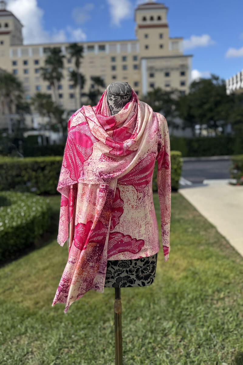Pashma Fuchsia and Ivory Ginko Sweater and Scarf Set available at Mildred Hoit in Palm Beach.