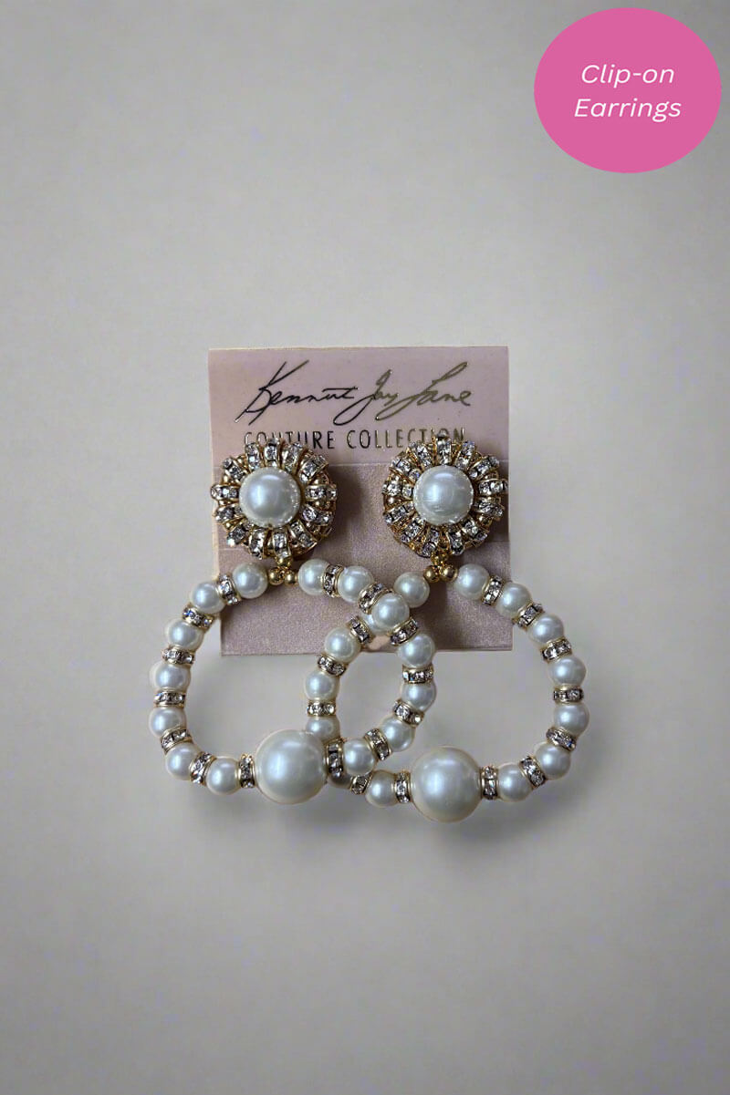 Kenneth Jay Lane Pearl and Crystal Open Circle Clip Earrings - Mildred Hoit