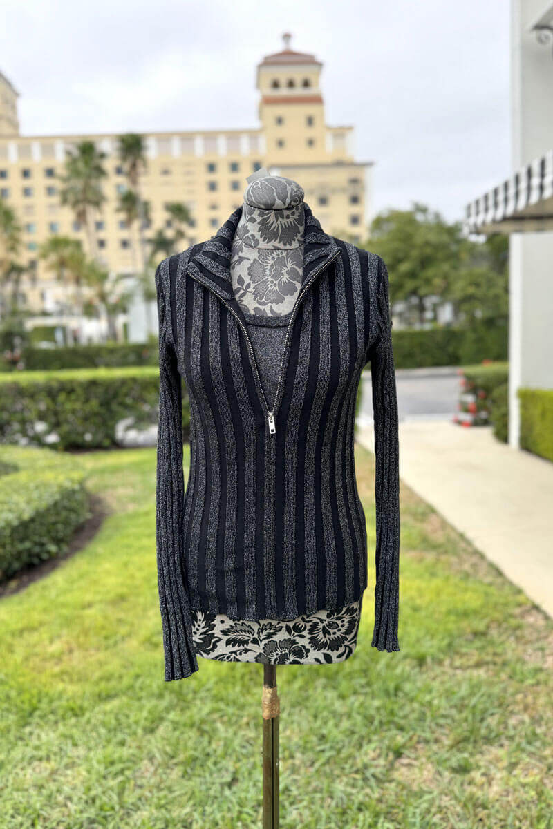 Pure Amici Ribbed Zippered Sweater Set in Black - Mildred Hoit