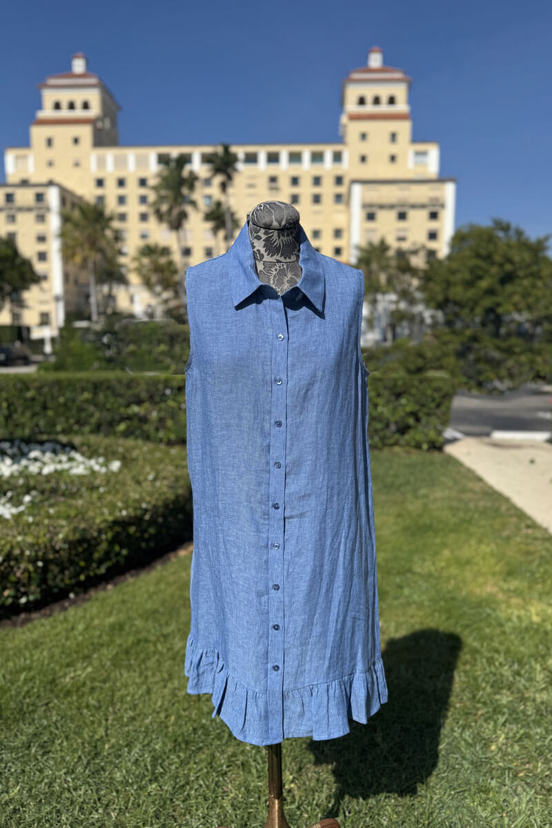 Sleeveless Dress with Ruffle Detail in Denim | Mildred Hoit Sleeveless Dress with Ruffle Detail in Denim | Mildred Hoit