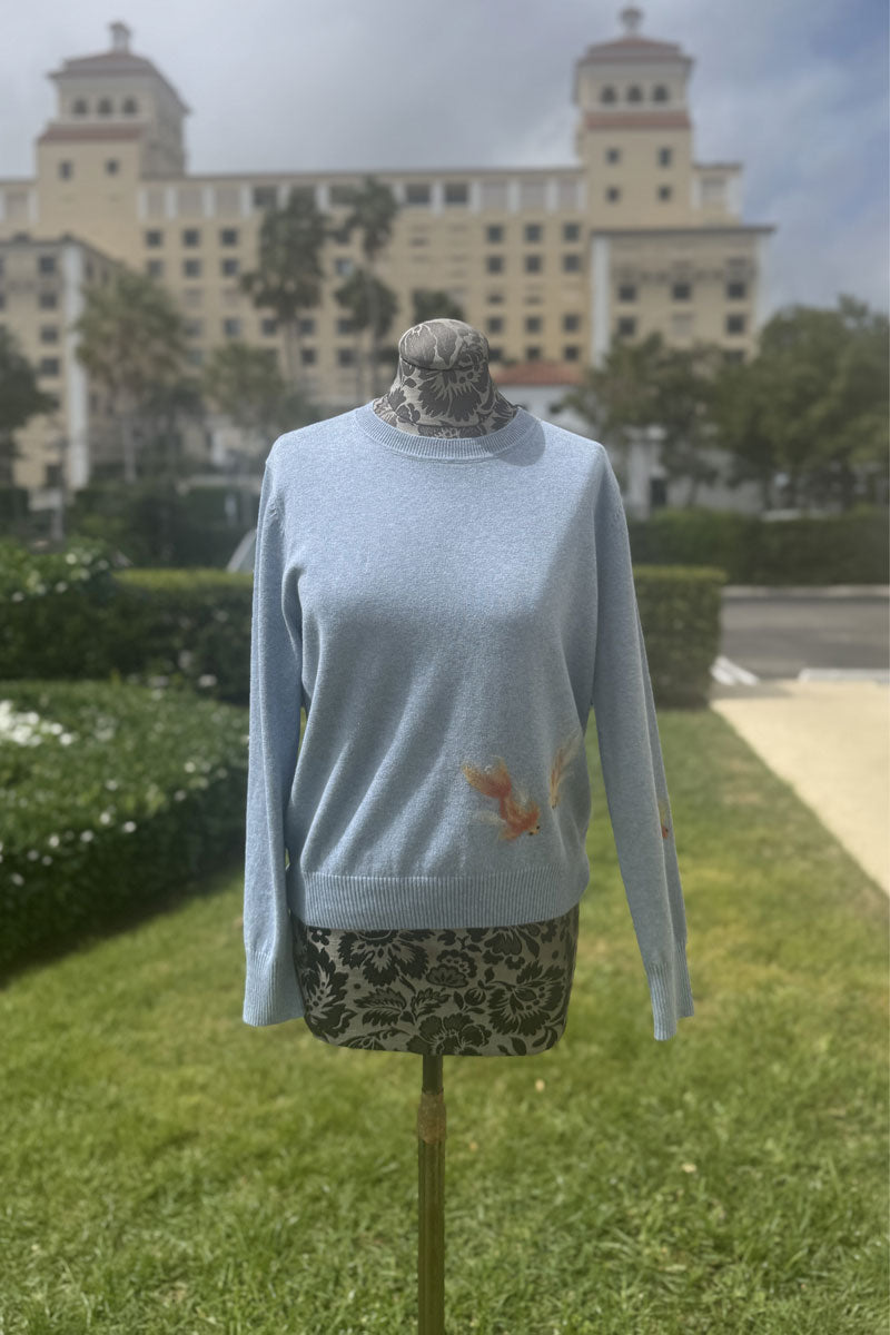 Koi Fish Embroidered Sweater in Sky Blue - Mildred Hoit