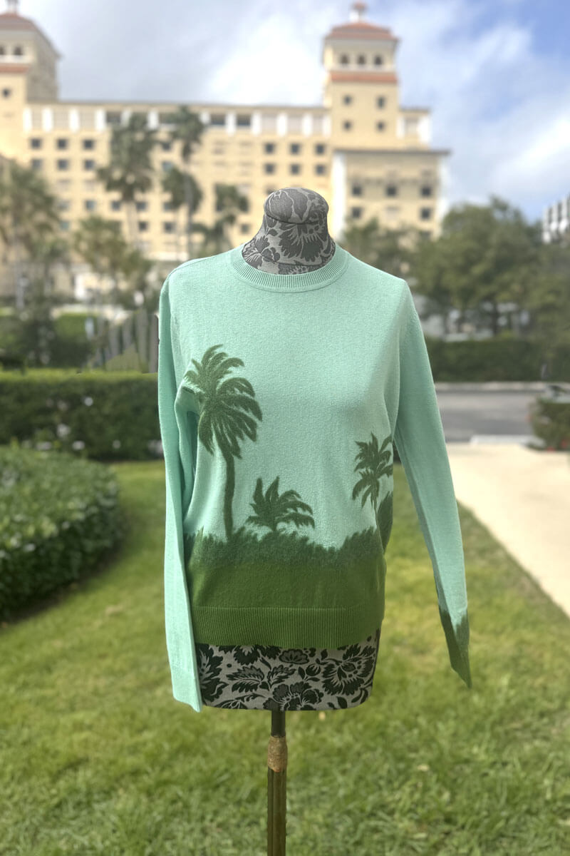 Palm Tree Embroidered Sweater in Sea Green - Mildred Hoit